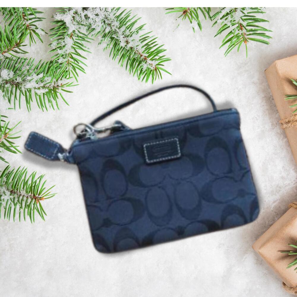 Coach Signature Print Black Wristlet Pouch - Elegant Black NEW